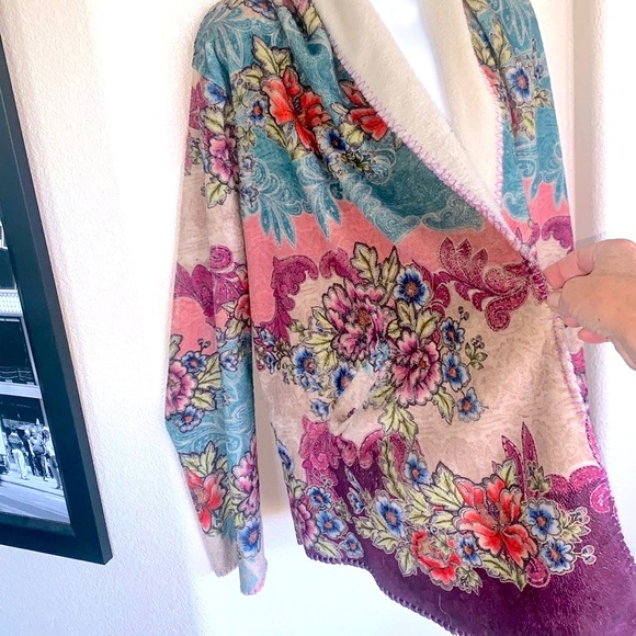 JOHNNY WAS Biya Sherpa Hoodie, colorful floral; cream turquoise purple. L - Picture 5 of 17